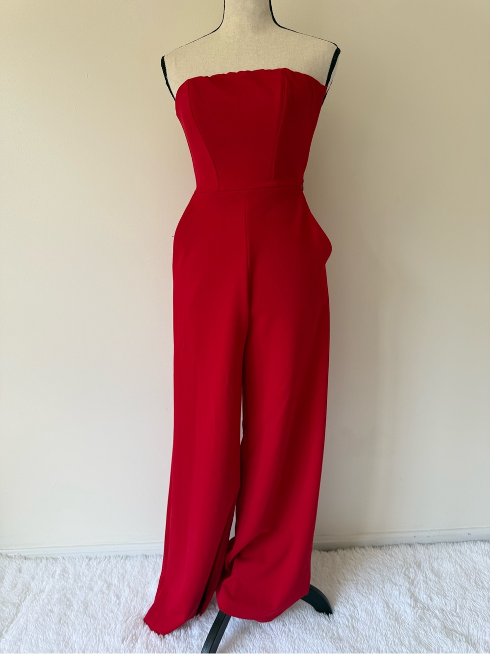 Express Strapless Red Wide-Leg Jumpsuit